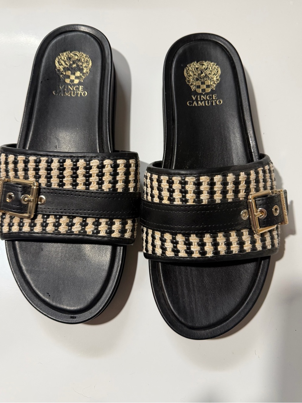 Vince Camuto Black and Cream Woven Slide Sandals with Gold Buckle